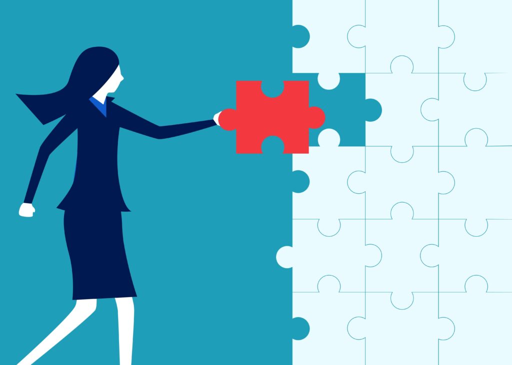 businesswoman,standing,assembling,jigsaw,puzzle.,business,solution,concept